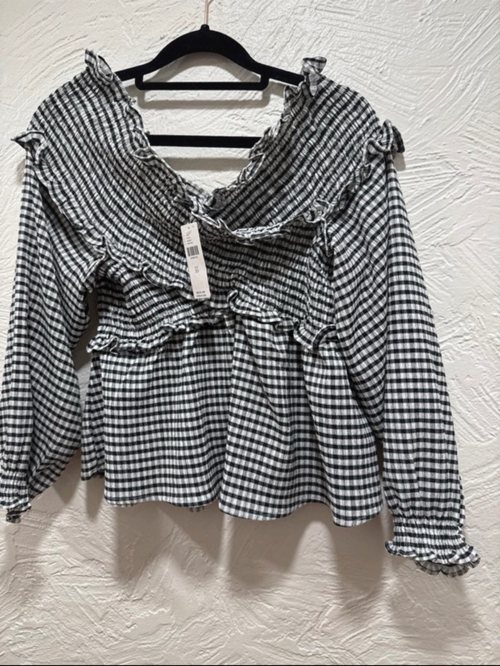 Anthropologie Black & White Gingham Ruffle Peplum Blouse